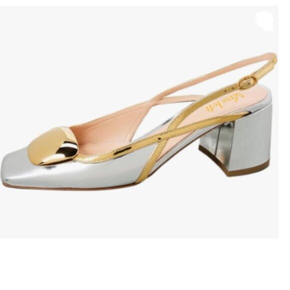 miss left Silver Square Toe Pumps with Buckles Slip On Chunky Heel Slingback - Picture 1 of 8